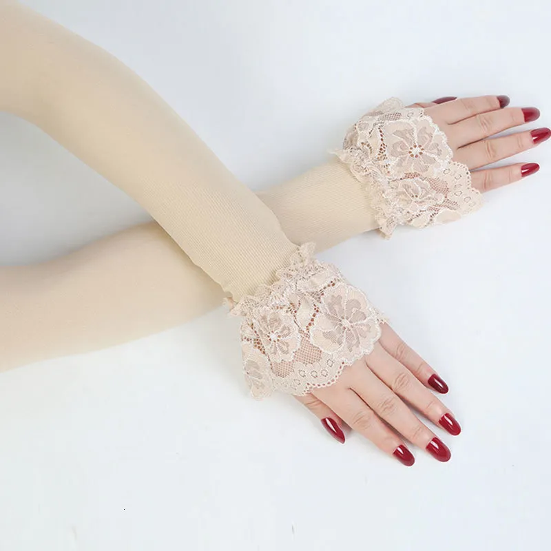 Womens Long Long Lace Gloves Fingerless Ice Silk Gloves With