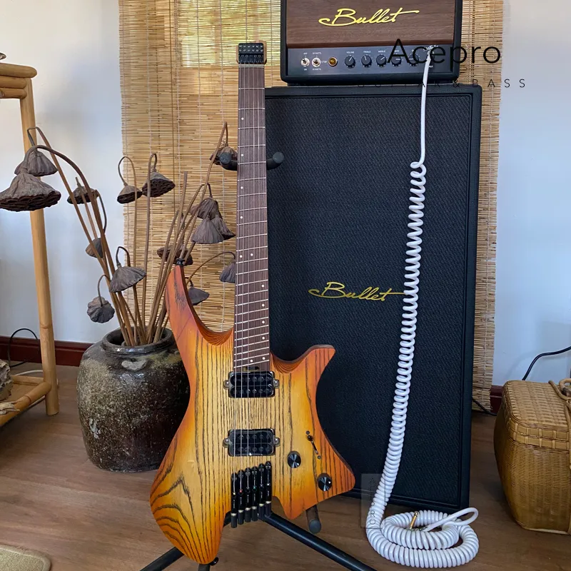 Nieuwe Collectie Pro Headless Elektrische Gitaar Amber Burst Kleur Ash Body Geroosterde Esdoorn Hals Jumbo Rvs Oblique Frets