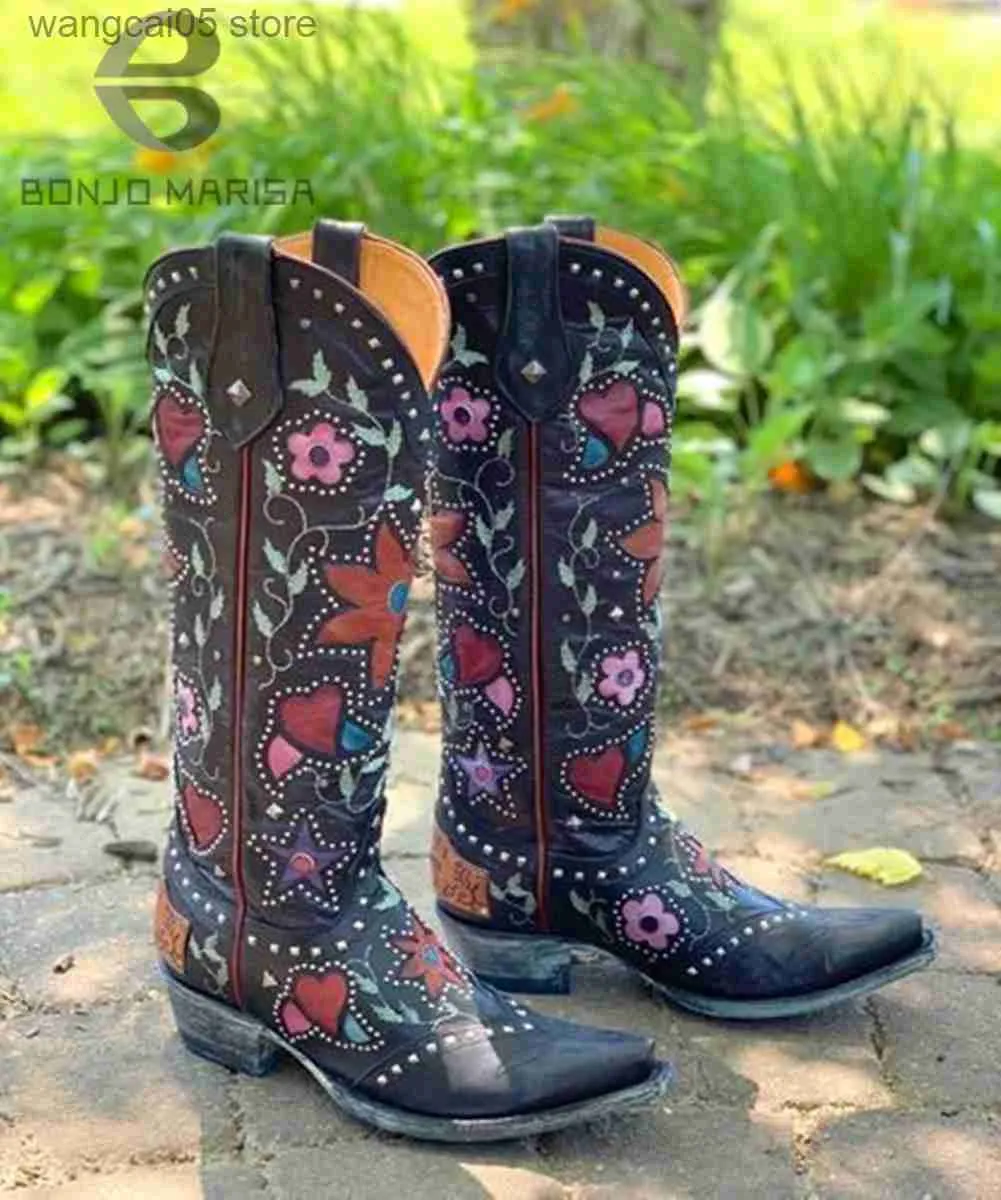 Buty cowgirls kowbojowe serce kwiatowe butów środkowych cielęcy kobiety ułożone w stosy kobiety haft haftowania jeździąc zachodnie buty buty duży rozmiar 46 t230713