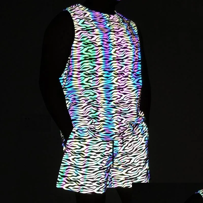 Herrspårar Mens Summer Tracksuit Set Colorf Reflective Tank Top Elasticity Breattable Sportswear Vests Light Reflection Drop DHTN5