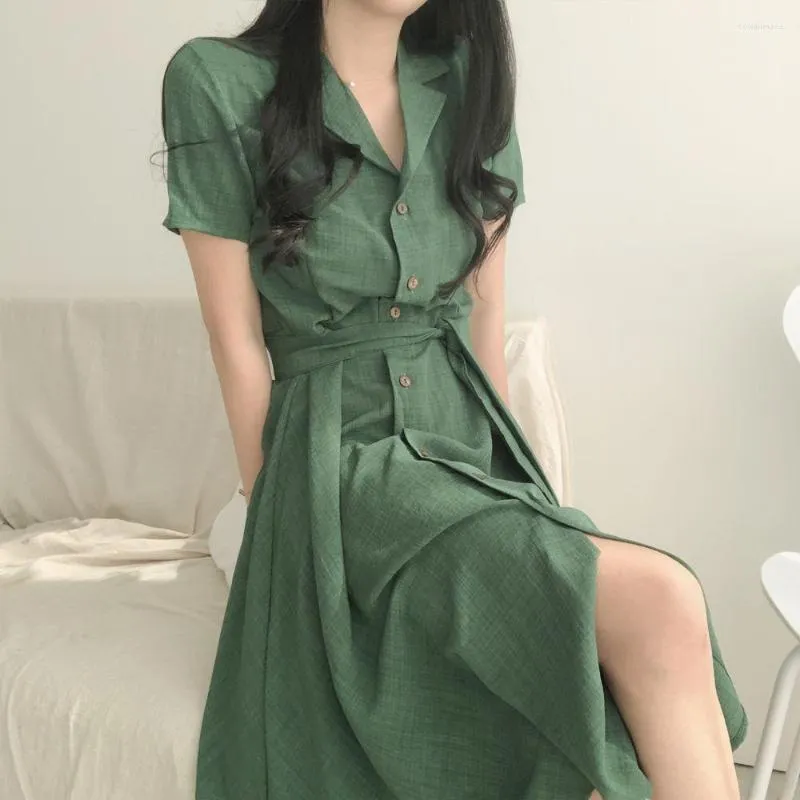 Partykleider 2023 Koreanische Chic Mode Sommer Grün Kerbhals Hemd Kleid Für Frauen Einreiher Spitze Up Gürtel Damen Büro Midi