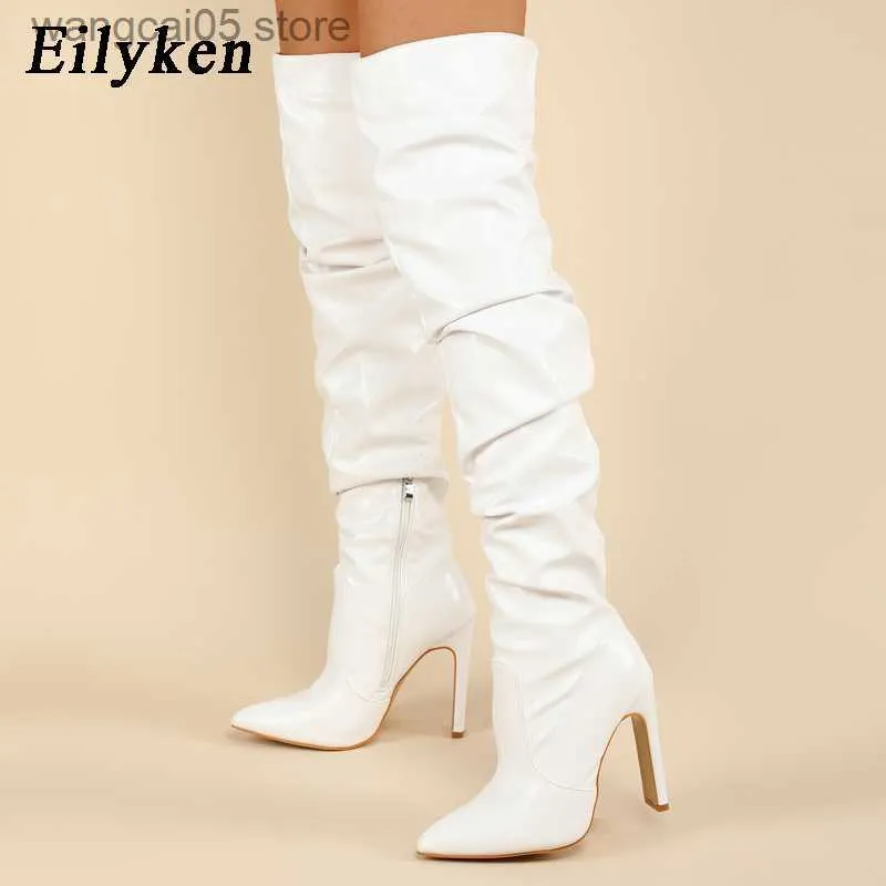 Boots Eilyken Pleated Thigh High Boots Fashion Pointed Toe Zip Female Stiletto Square Heels Design White Black Brown Women's Shoes T230713