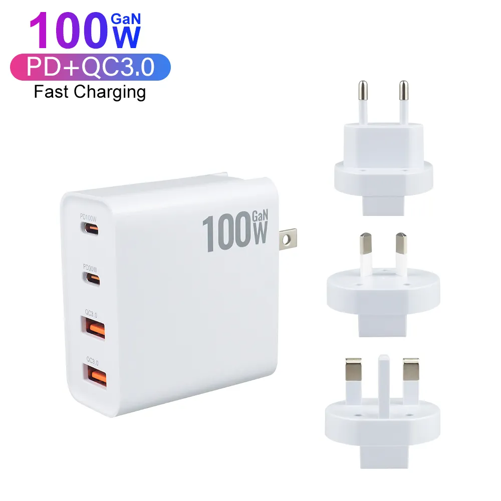 Caricabatterie Gan ad alta velocità da 100 W Tipo-C Ricarica rapida 4 porte Adattatore da viaggio USB-C Caricabatterie super veloce per MacBook Laptop Cellulare