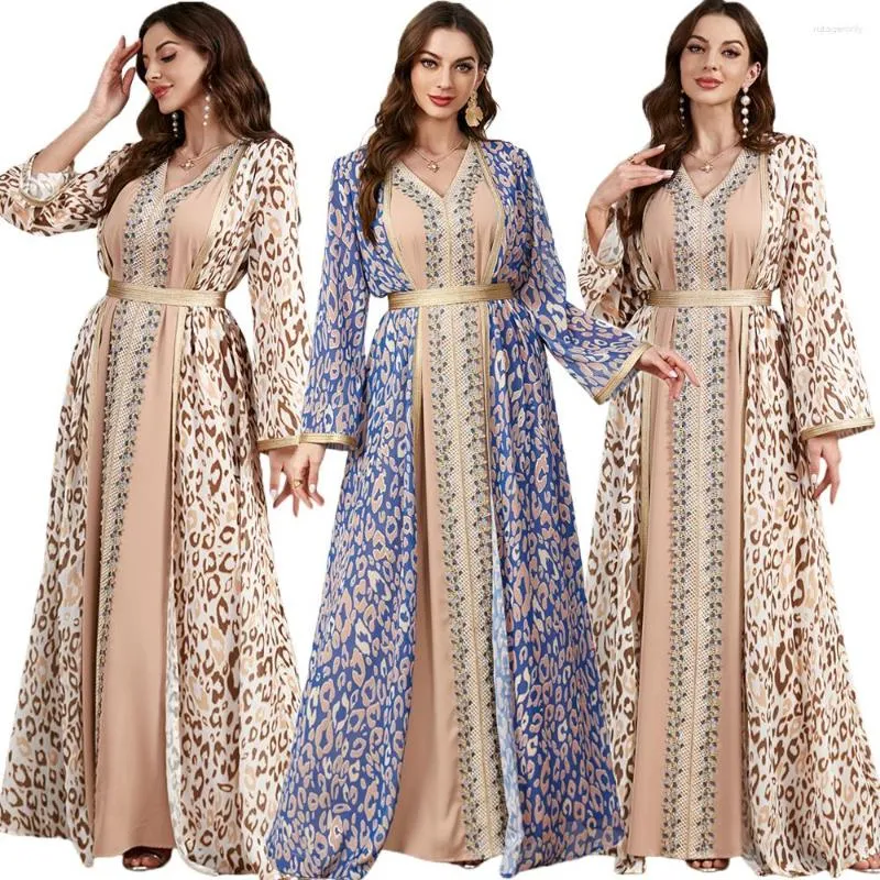 Etniska kläder Ramadan Muslim Abaya Kvinnor Tryckt Kimono Och Väst Klänning 2-delad Set Jalabiya Robe Islam Klänningar Turkiet marockansk kaftan