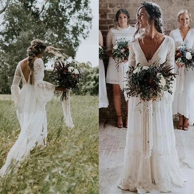 Rustiek Bohemian Trouwjurken Hippies V-hals Lange mouw Lace low back Beach Boho Garden Country Bruidsjurken robe de mariee Plu2755