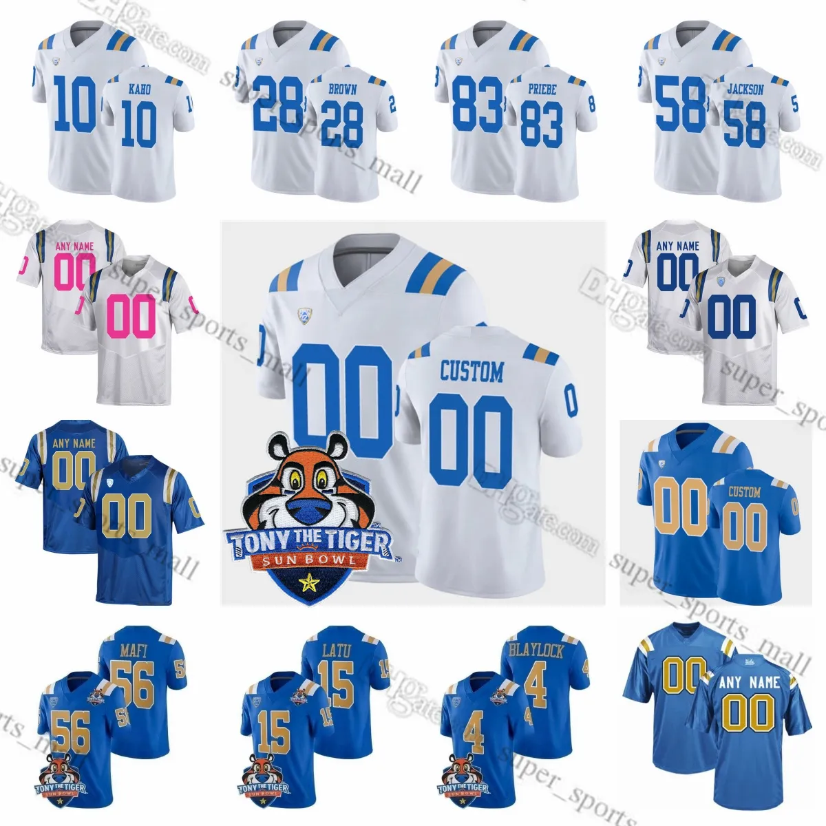 맞춤형 S-6XL UCLA Bruins College Football Jersys Blaylock Mafi Latu Calvert Barr-Mira Charbonnet Jackson Norwood Fernea Allen Priebe Grattan Gaines II Jersey