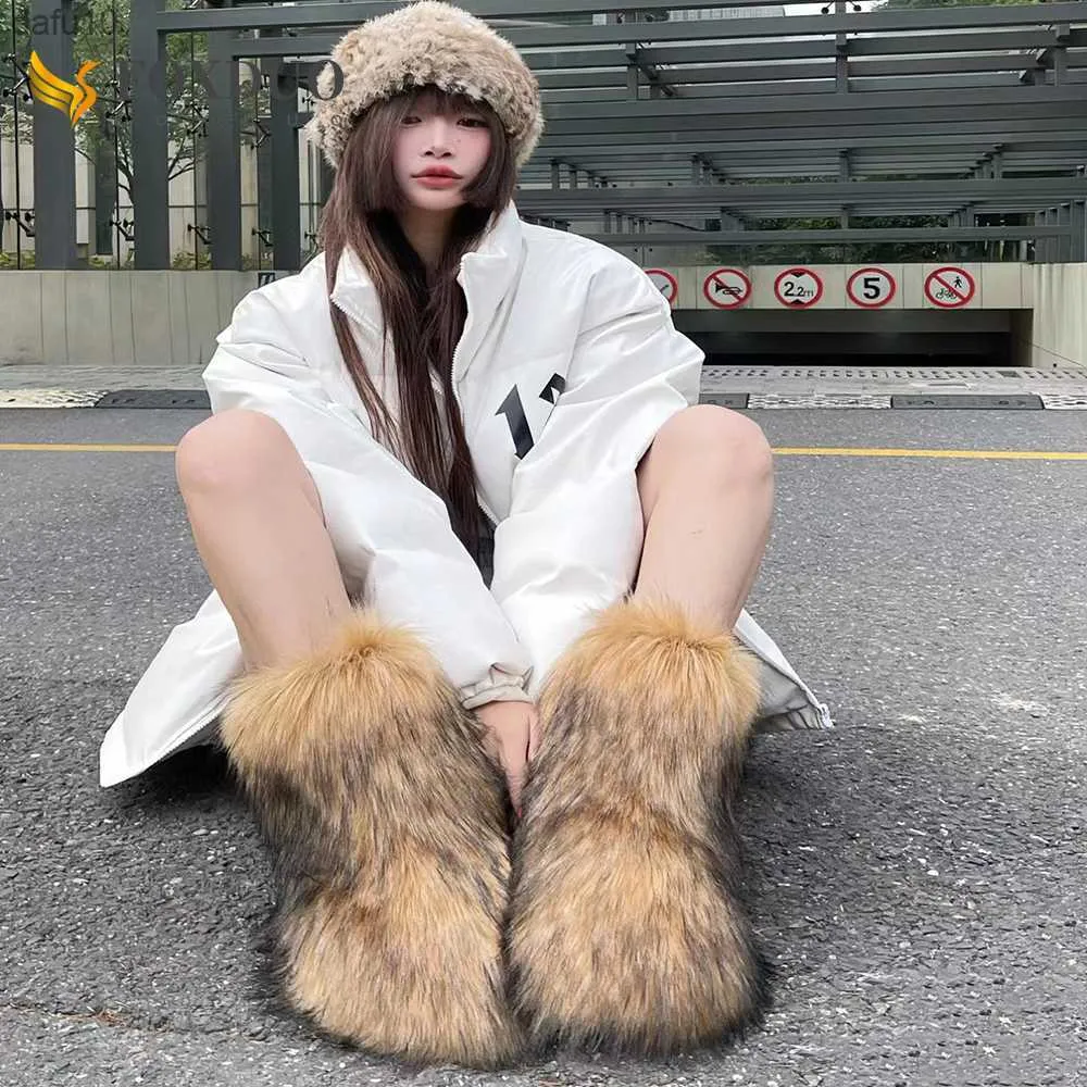 مدهش أحذية فروية النساء Fluffy Faux Fox Fur Fur Boot Plush Warm Snow Boots Luxury Fuzzy Bottes Fashion Winter Warm Shoes L230704