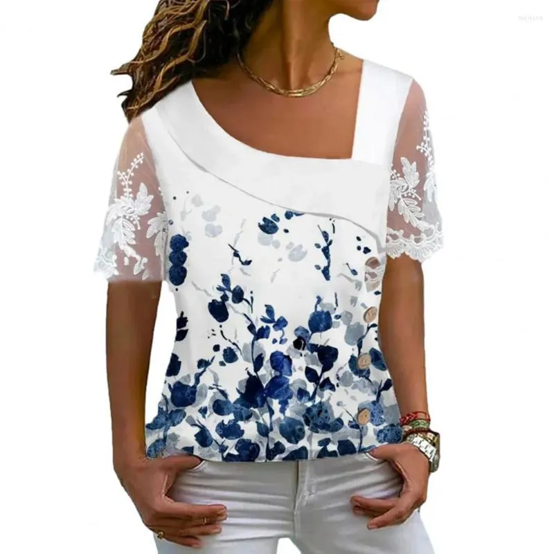 Damesblouses Zomer Kleurrijk Bloemenprint T-shirt Schuine kraag Kantstiksel Korte mouw Loose Fit Pullover Tops Streetwear