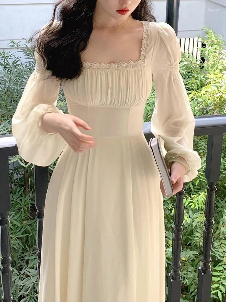 Vestidos casuais vintage francês vestido midi feminino manga longa cor pura elegante chiffon escritório senhora renda uma peça coreano 2023 primavera