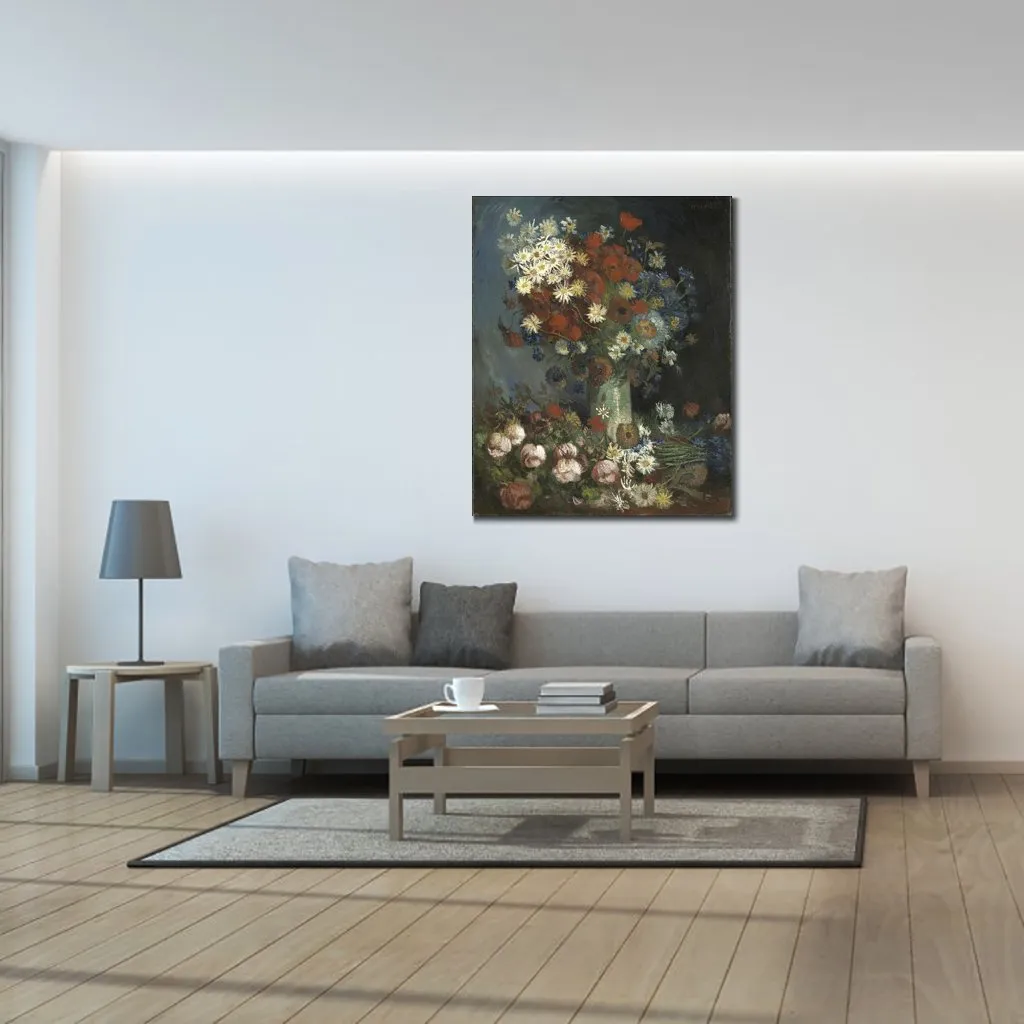 Met de hand gemaakt olieverfschilderij van Vincent van Gogh Stilleven met weidebloemen en rozen Modern canvaskunst Modern woonkamerdecor