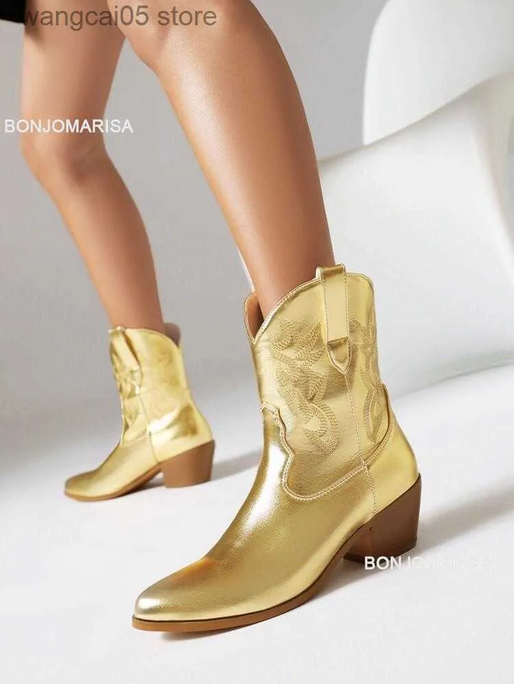 Boots Women Cowboy Cowgirls Boots Embroidery Metallic Punk Boots In Gold Sliver Ankle Med Heel Shoes Autumn Winter Pointed Toe Brand T230713