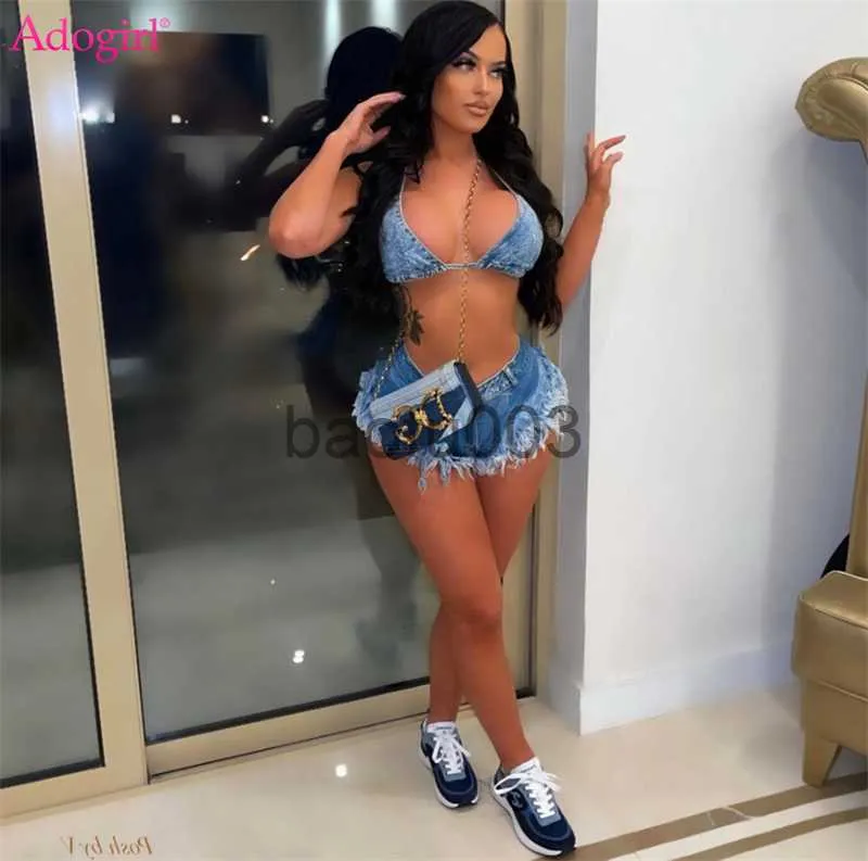 Damen Zweiteilige Hosen Adogirl Jeans Zweiteiliges Set 2022 Sommer Frauen Bikini Anzug Schnür-BH Top Quaste Micro Mini Shorts Mode Nachtclubwear Outfit J230713