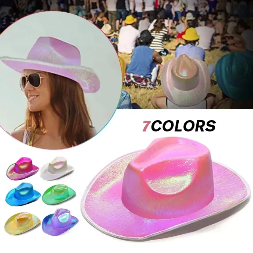 Rymd cowboy hatt neon glittrande glitter glänsande kepsar holografiska rave fluorescerande hattar halloween kostymfesttillbehör i0713