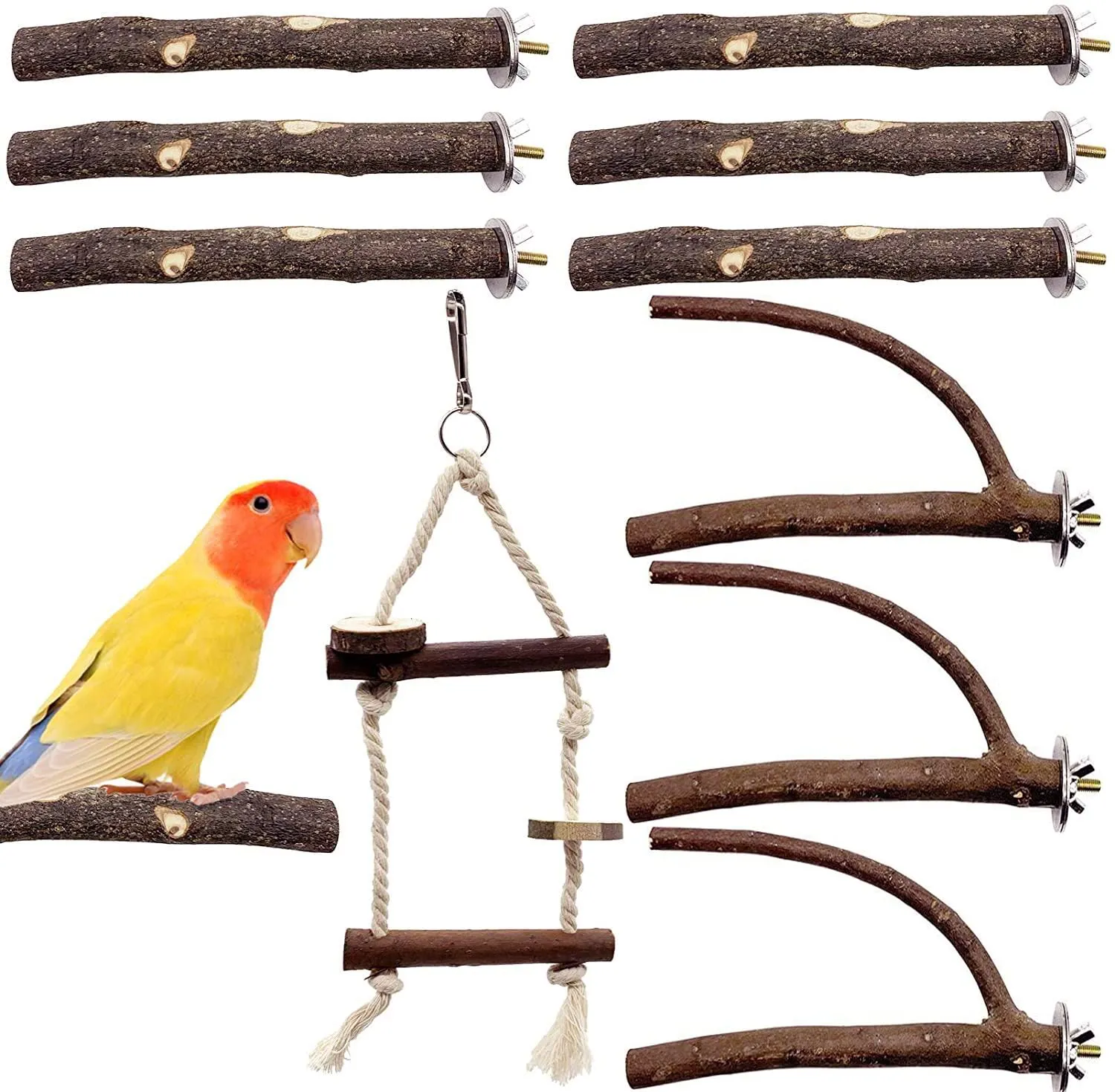 Conjunto de suporte de poleiro de papagaio para pássaros - 10 peças de madeira natural para pássaros de periquito, galho, garfo, vara, suporte de haste, vara de moagem, acessórios para gaiola de pássaros para animais de estimação, periquitos, pombinhos