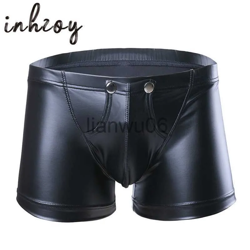 Underbyxor Män faux läder Wetlook Bugle Pouch Press Knappar Booty Boxer Shorts Knickers Latex Underpants Hombre Underwear Sexy Clubwear J230713