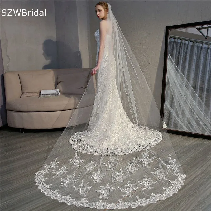 Hochzeit Haarschmuck Ankunft Weiß Elfenbein Hochzeitsschleier Spitzenapplikationen Kathedrale Brautschleier Veu de noiva Voile mariage Hochzeitsaccessoires Wesele 230713