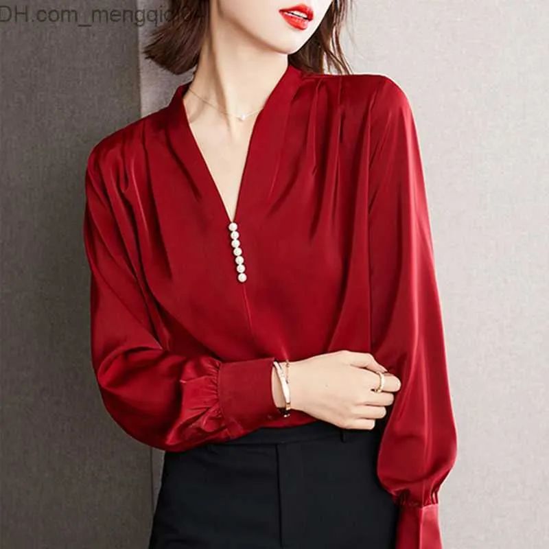 Polos pour femmes en satin rouge élégant et unique perlé col en V bureau chemise décontractée pour femmes d'affaires mode à manches longues lâche haut de banlieue Blusas pour femmes Z230713