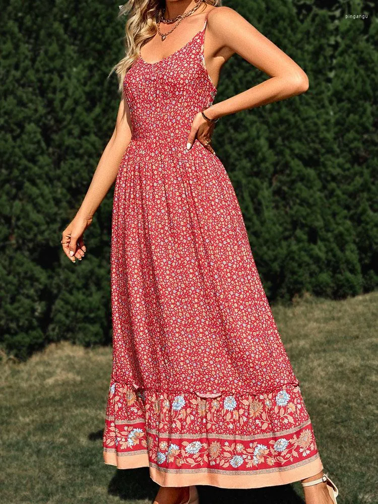 Casual Dresses Summer Floral Print Long Women Sleeveless Backless Spaghetti Strap Dress Ladies Vintage Elegant Boho Beach