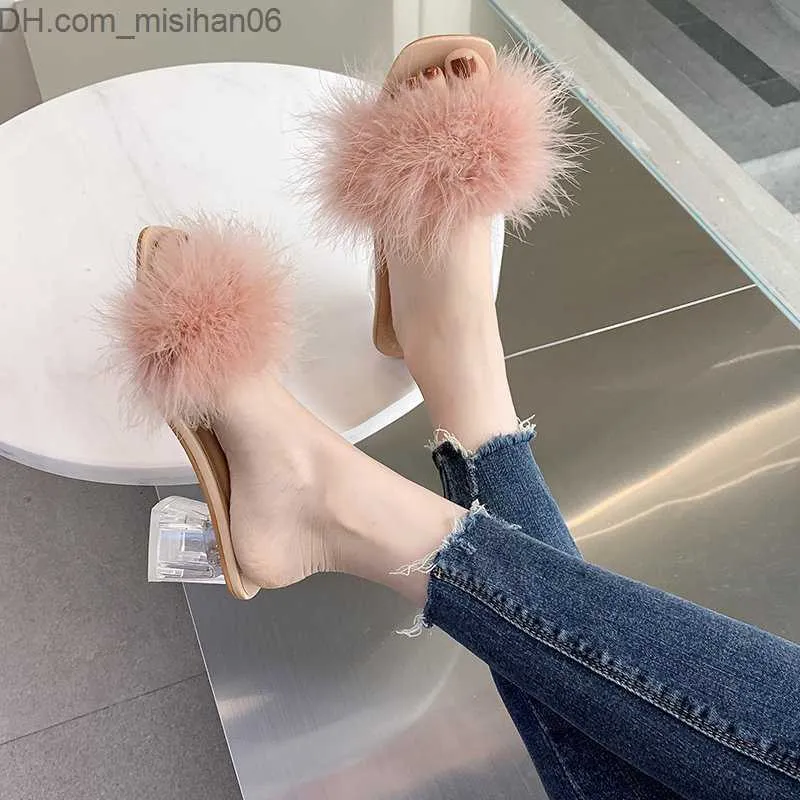 Summer Fluffy Slippers Sexy Leather High Heels Feather Sandals for Women