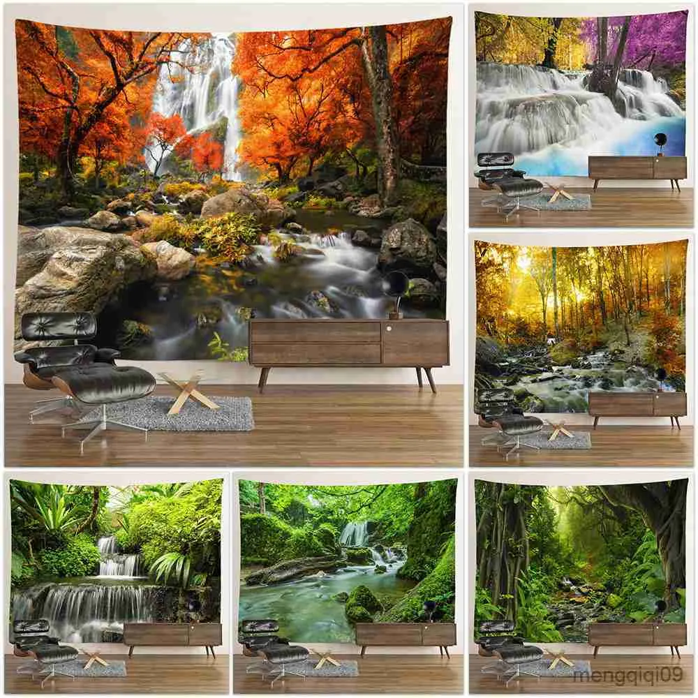 Tapissries Landscape Waterfall Tapestry Wall Hanging Flowers Mysterious Forest Tree Jungle Large Tapestry Art Eesthetic Room Decor Bedroom R230713