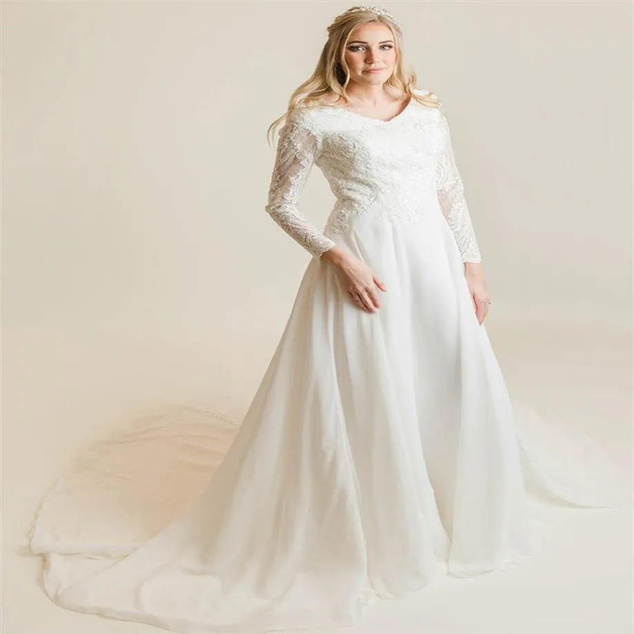 Ivoire A-ligne Robes De Mariée Modestes Avec Manches Longues Boutons Dos Col En V Dentelle En Mousseline De Soie Lds Robes De Mariée À Manches Sur Mesure Weddin288i