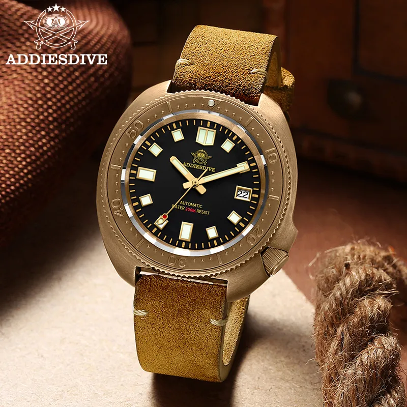 Wristwatches Addies Dive 2104 Men Automatic Watch NH35 Calendar Display C3 Super Luminous Watch CUSN8 Bronze Case 200m Diving Watches 230712