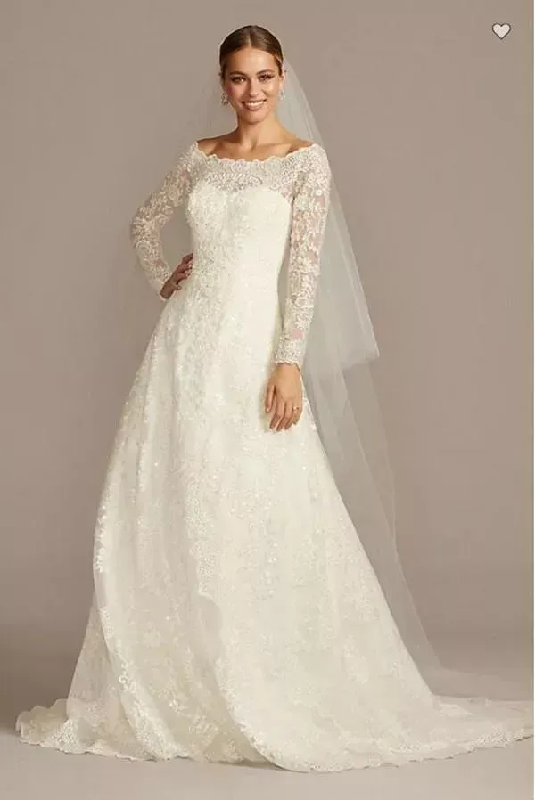 OLEG Off-Shoulder CASSINI A E square neck Wedding dress with Full Lace Applique, Long Sleeves, and Sweep Train - Plus Size Wedding Gown OLEG Off-Shoulder CASSINI A E square neck Wedding dress with Full Lace Applique, Long Sleeves, and Sweep Train - Plus Size Wedding Gown