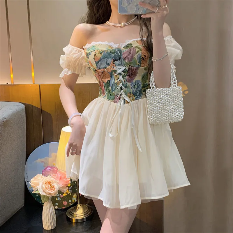 Cottagecore Sweet Princess Dress Women Puff Sleeve Floral Print Patchwork  Bandage Corset Above Knee Mini Dress from Dhgate Urban Sexy Dresses - price  32.65