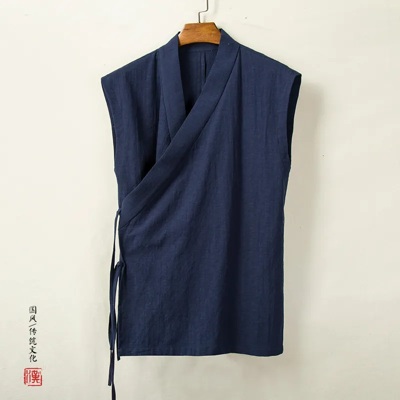 Regatas Masculinas Tradicionais Chinesas Colete Hanfu Masculino Linho Algodão Sem Mangas Top Tang Terno Quimono Cardigan Masculino Camisas de Ponto Aberto 230713