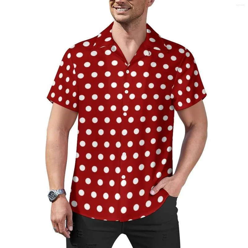 Men's Casual Shirts White Polka Dot Shirt Dark Red Vacation Loose Hawaiian Fashion Blouses Short Sleeves Pattern Oversized Clothing