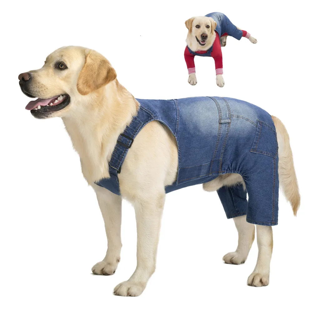 Abbigliamento per cani Miaododo Jeans per cani di taglia media e grande Salopette per cani Vestiti di jeans Costumi Pantaloni per cani lavati vintage blu Giacca classica 230712