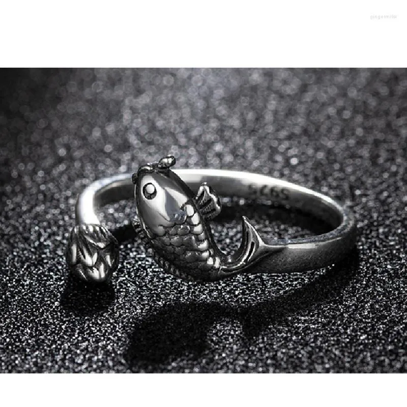 Cluster Rings Fish Lotus With Open Ring S925 Sterling Silver Retro Fashion