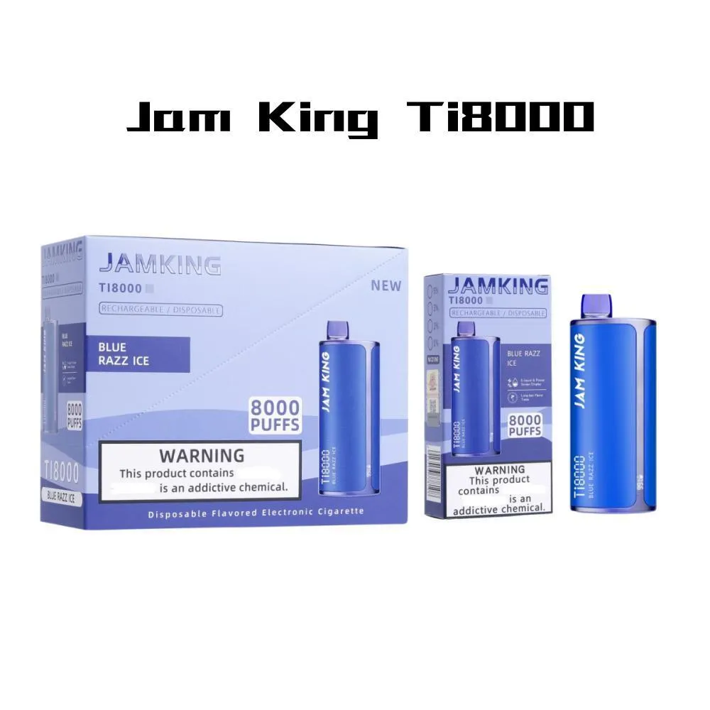 Original Jam King Ti8000 Vapes Descartável Puff Einweg Vape Pen 19ml Pré-preenchido 600mAh Bateria Recarregável Vaper E-Liquid Power Screen Display 2% 5% vs Old School Ti7000