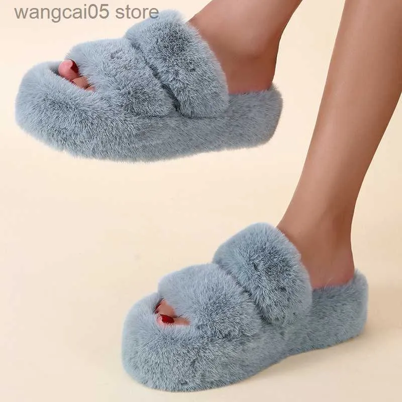 Slippers Mode Vrouwen Pluizige Slippers Winter Warme Slippers Vrouw Platte Platform Slippers Hoge Kwaliteit Furry Faux Fur Slides Voor vrouwen 42 T230713