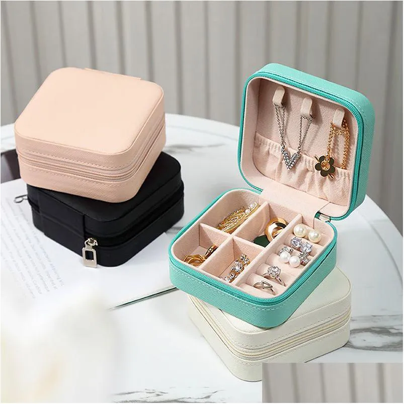 Boîtes à bijoux Mini Boîte Organisateur Affichage Voyage Zipper Case Pu Cuir Portable Boucles D'oreilles Collier Anneau Emballage Amp Dr Dhh0K