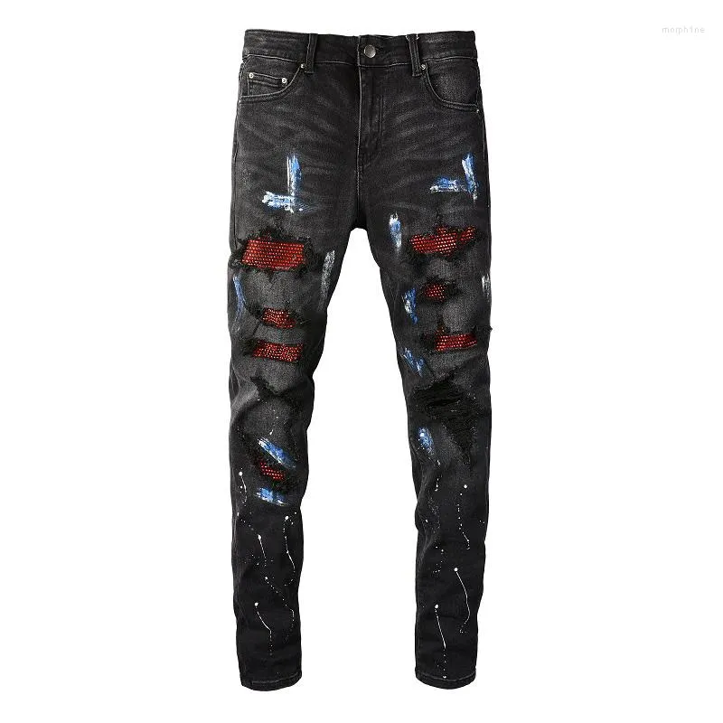 Jeans masculino envelhecido preto pintado streetwear elástico skinny strass buracos destruídos graffiti high street slim fit marca