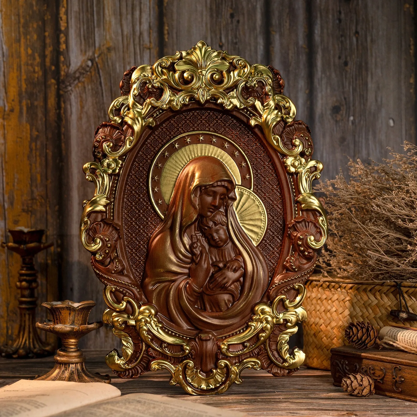 Objets décoratifs Figurines Vierge Marie et l'Enfant Jésus Sculpture sur bois Décoration Catholique Religieuse Maison Suspendue Décoration Chrétienne Saints Cadeau 230712