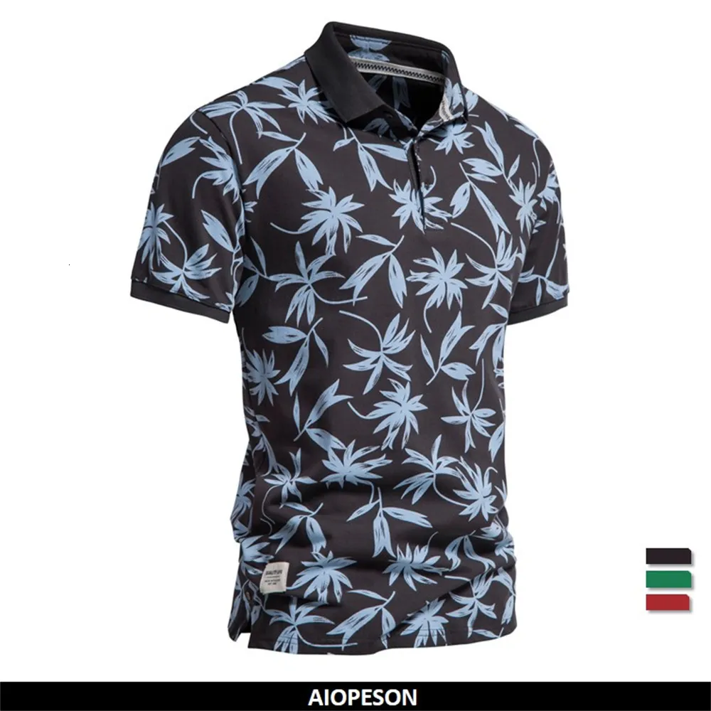 T-shirt da uomo AIOPESON Polo da uomo in stile Hawaii Stampa a foglie di cotone Maniche corte per design Polo da uomo di qualità 230713