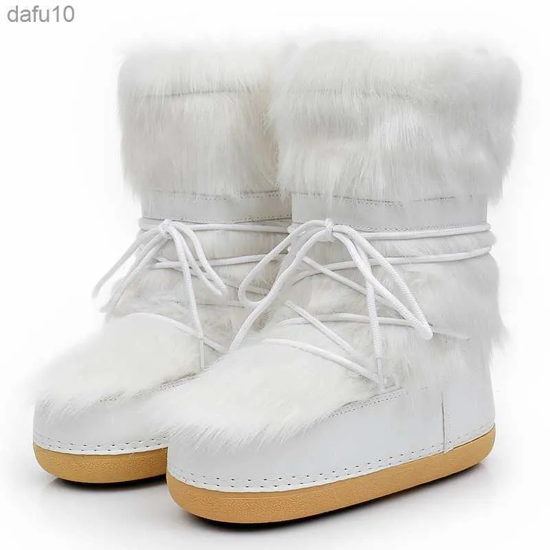2022 bottes de neige d'hiver femmes bottes de Ski moelleux poilu à lacets moyen mollet plate-forme plate avec des bottes de Ski blanches L230704