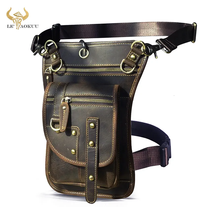 Waist Bags Crazy Horse Leather Design Men's Small Messenger Mochila Bag Fashion Travel Belt Fanny Waist Bag Drop Leg Bag Flat Bag 230713