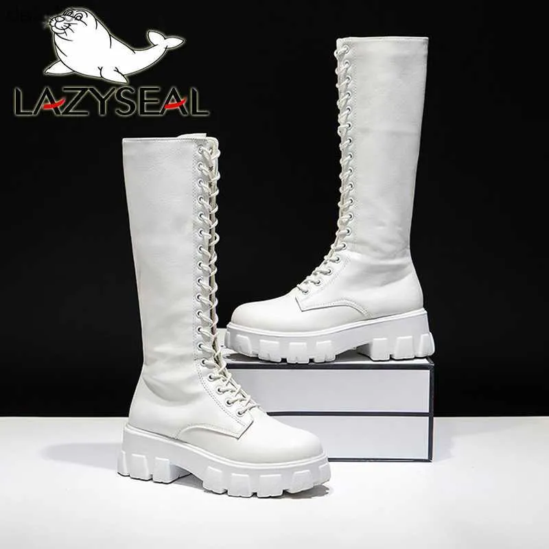 Lazyseal Winter Long Bootse Women White Lace Up Zip Histess Увеличение кожаной обувь PU