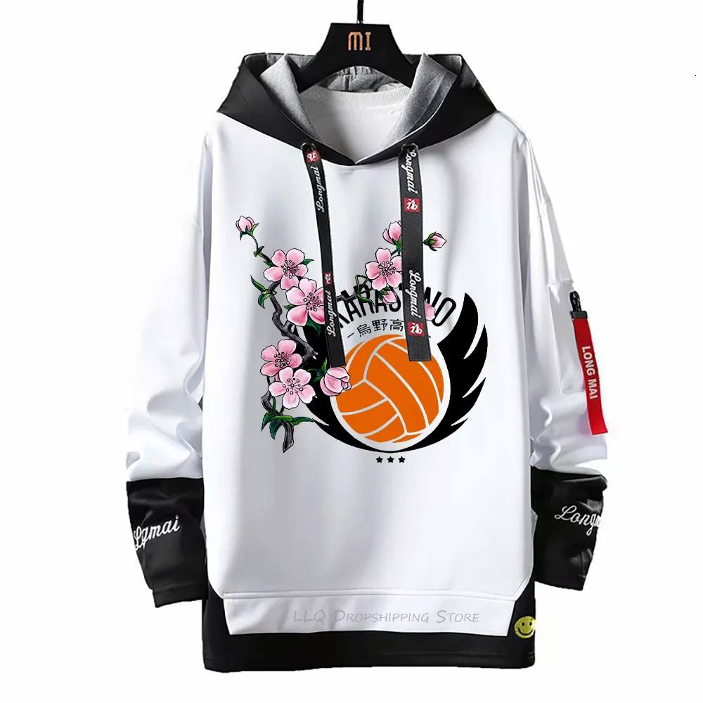 Męskie bluzy bluzy anime haikyuu bluza siatkówka juniorowa bluza z kapturem Fake dwuczęściowe wstążki list z kapturem mężczyzn Patchwork Sweters 2307713