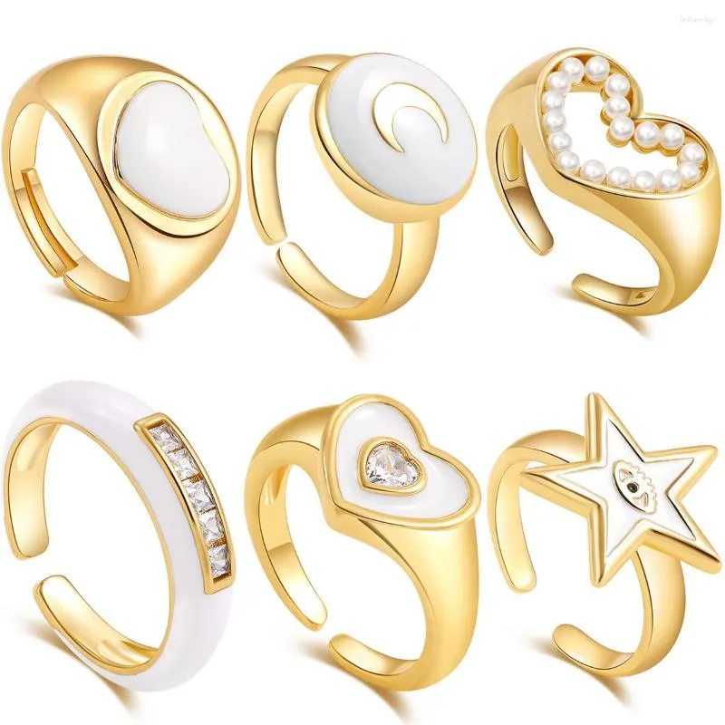 Trouwringen Minimalistische Wit Emaille Kleur Hart Chunky Open Ring Voor Vrouwen Mode Moon Star CZ Zirkoon Vinger Creatieve sieraden Gift