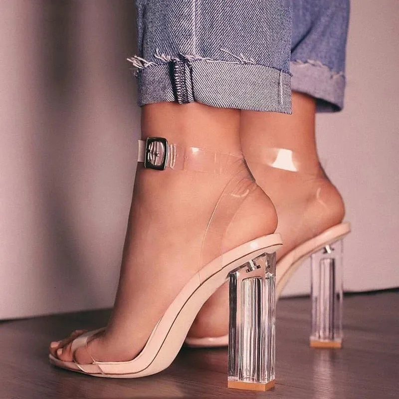 Dress Shoes Transparent high heels sandals for women PVC transparent high heels summer shoes for women party suede ankle straps sandals without straps 230713