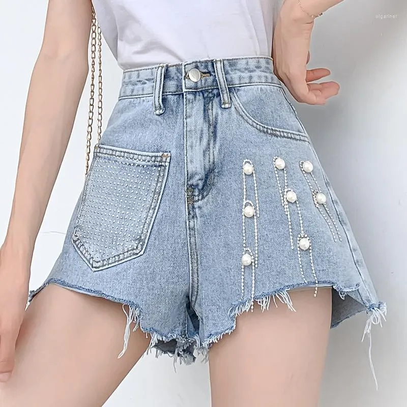 Damskie dżinsy Koreańskie klasyczne szorty dżinsowe kobiety Summer Blue High Taly Stright Stright Street -Nets Pants