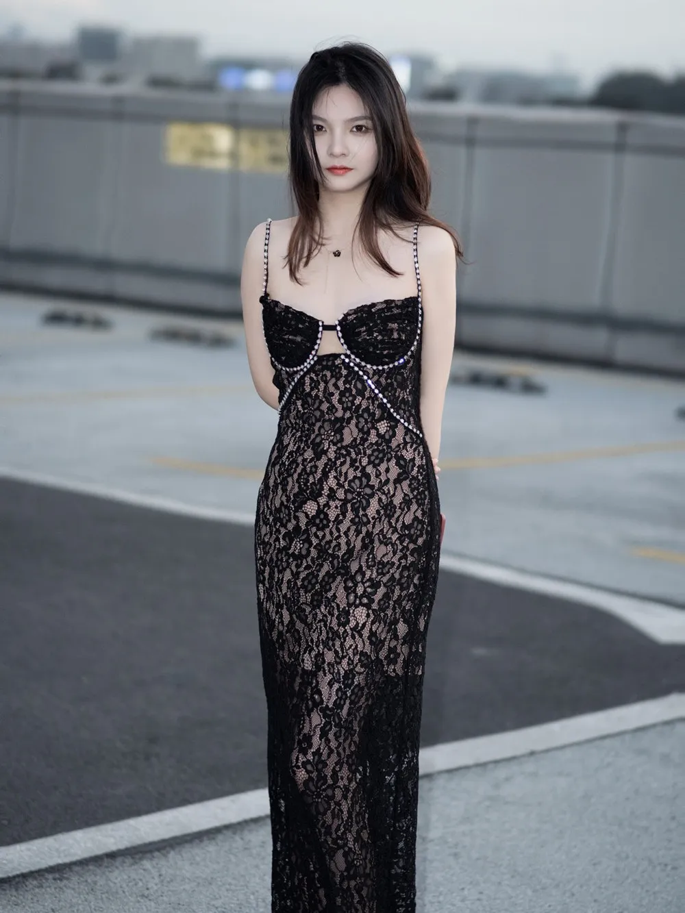 New S-elf-Portrait black crystal embellished Maxi Dress