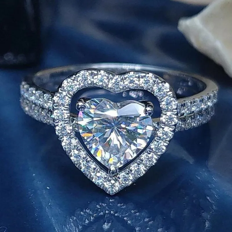 2 stücke Exquisite Voller Strass Herz Form Ringe Set Für Frauen Luxus Silber Farbe Stapelbare Ringe Hochzeit Schmuck Geschenke