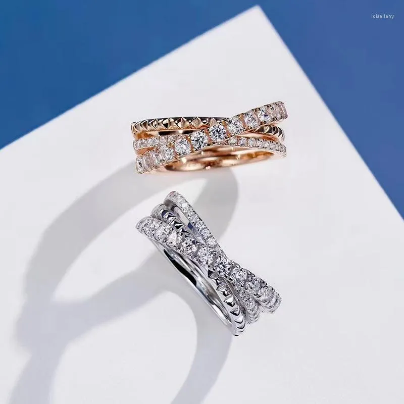 Pierścionki klastrowe trzy nakładające się kryształy diamentowe dla kobiet 925 srebro pozłacane pierścionek zaręczynowy