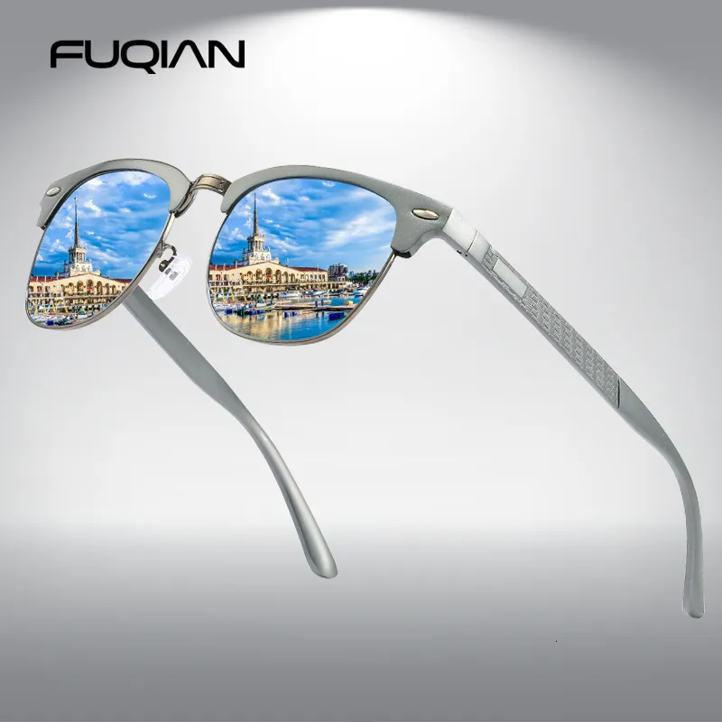 Solglasögon fuqian aluminium magnesium polariserade män solglasögon högkvalitativ halvram manliga solglasögon cool spegelblå körglasögon 230713
