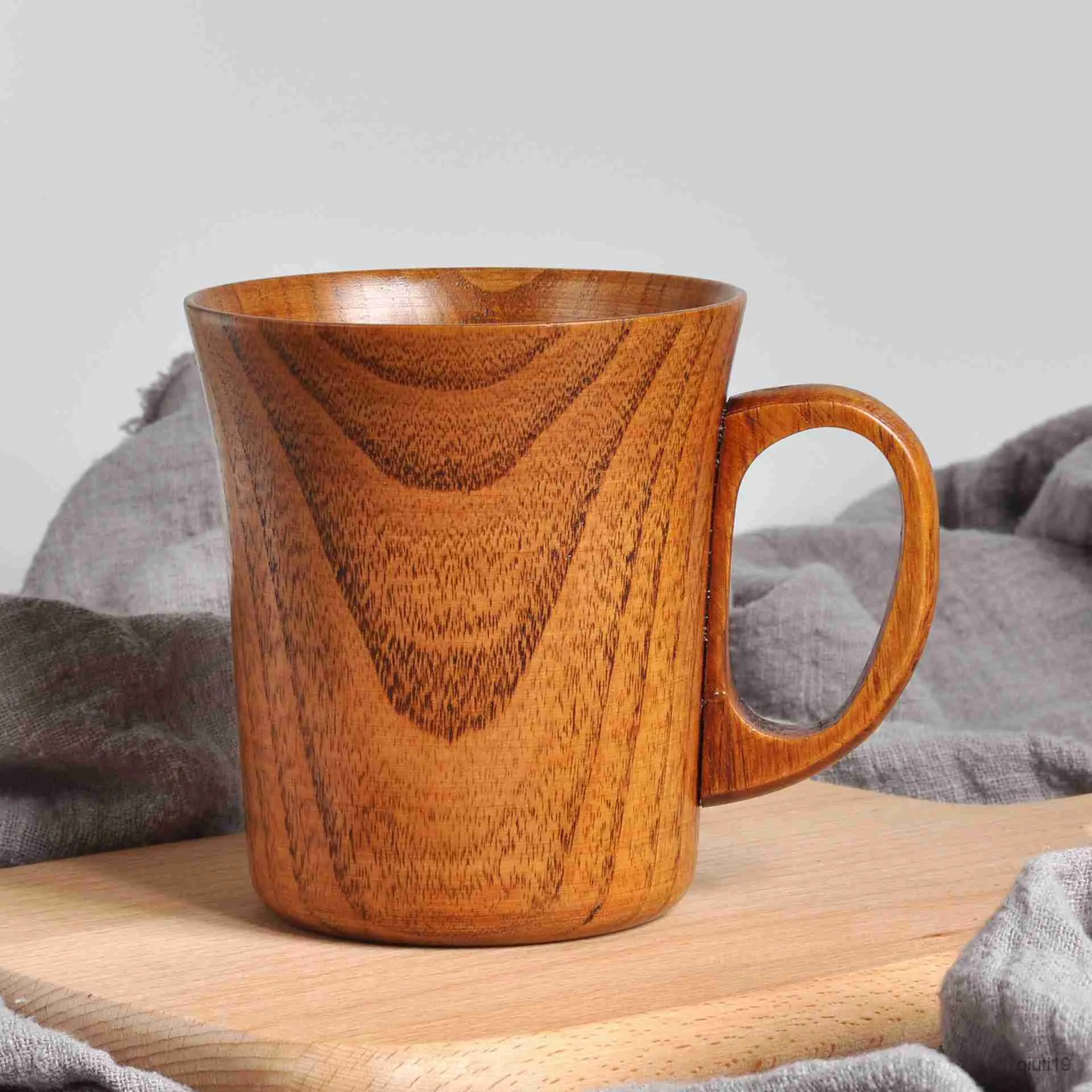 Mugs 400ml Large Wooden Mug Coffee Beer Wood Cup Handmade Tea with Handle Japanese Style Retro Drinking Drinkware Tumbler R230713